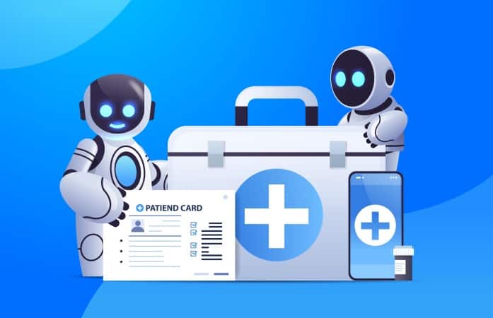 ML in medicine where robotic doctors with first aid medical kit and patient card healthcare medicine artificial intelligence technology concept horizontal full length copy space vector illustration