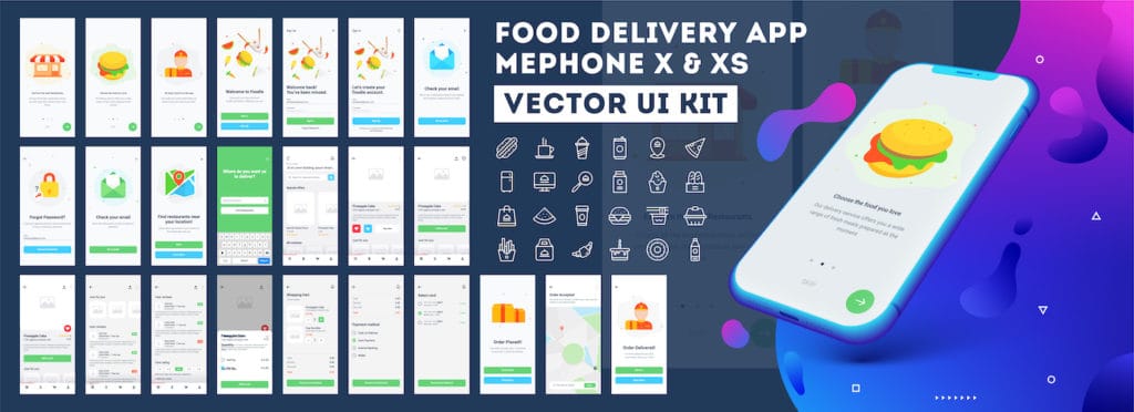 Food delivery mobile app ui kit including sign up, food menu, booking and home service type review screens