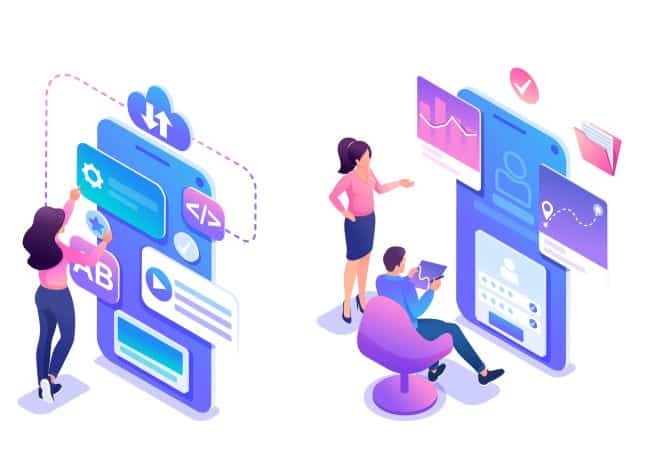 Isometric sets of concepts for the use of mobile applications by young entrepreneurs. Bright design for advertising concepts and web design development