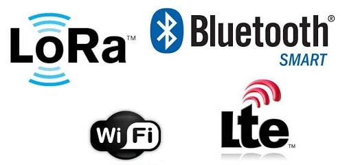 BLE app development vs WiFi direct vs LTE vs LoRa logos
