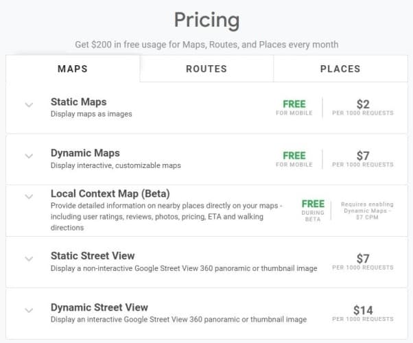 Google Maps SDK pricing 