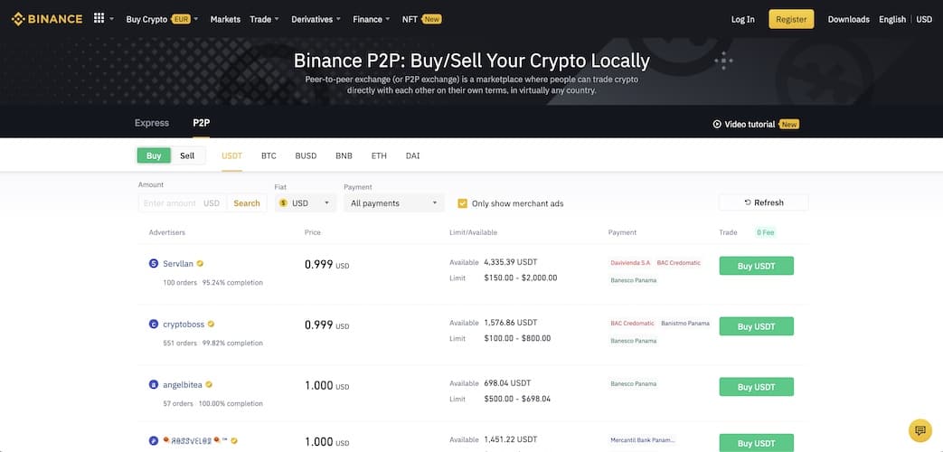 binance p2p crypto exchange section