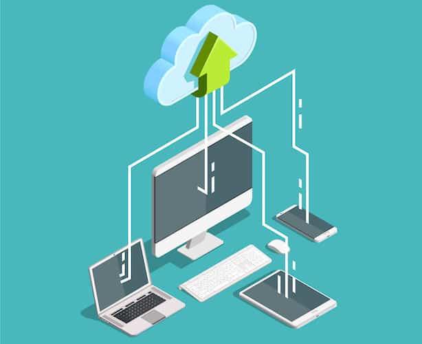 Cloud computing technology users network configuration isometric advertisement poster with pc monitor tablet phone laptop vector illustration