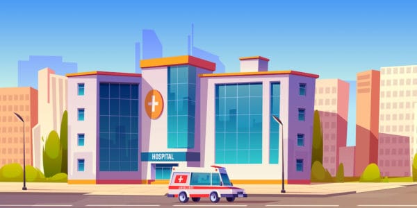 Hospital clinic building with ambulance car truck riding at road and green trees around. Medicine, city infirmary health care infrastructure, medic multistorey office, Cartoon vector illustration