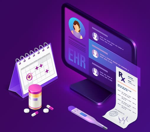 Ehr, electronic health record isometric landing page. Innovative medicine technology, electronically stored information database, pc with patient profile and pills, telehealth, 3d vector web banner