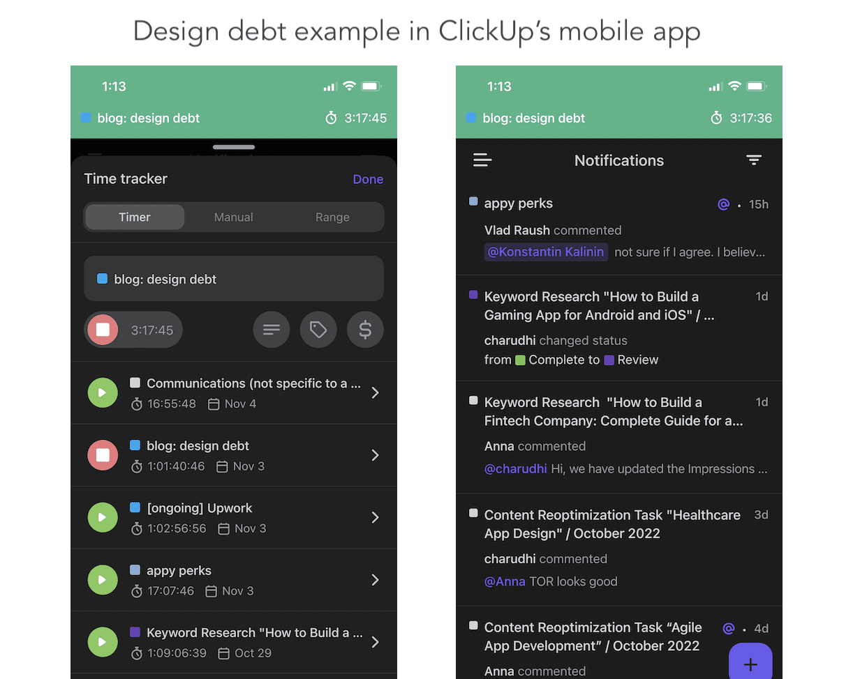 ClickUp mobile app design debt example 2