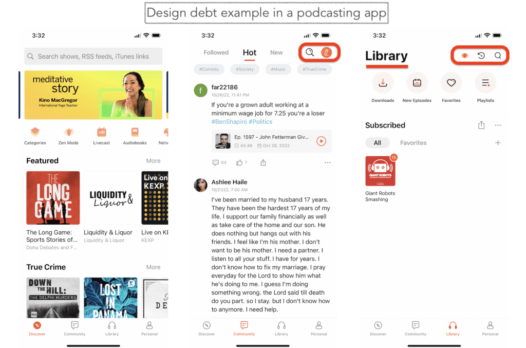 UX/UI design debt example in a mobile app