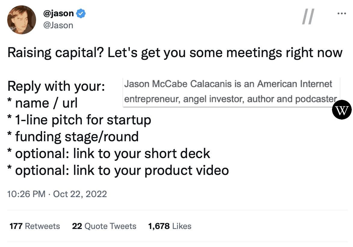 Jason Calacanis on Twitter calling out to startup founders seeking funding