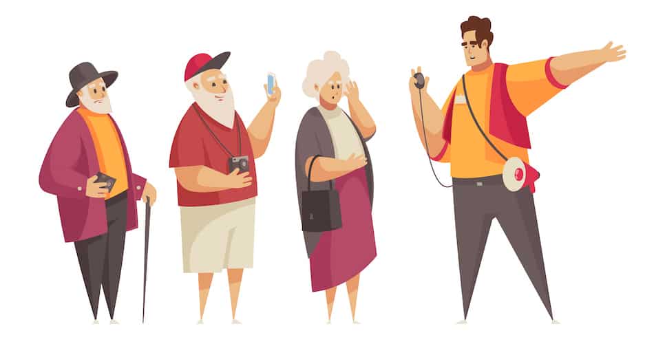 Guide excursion composition with group of elderly tourists with male character of young guide vector illustration