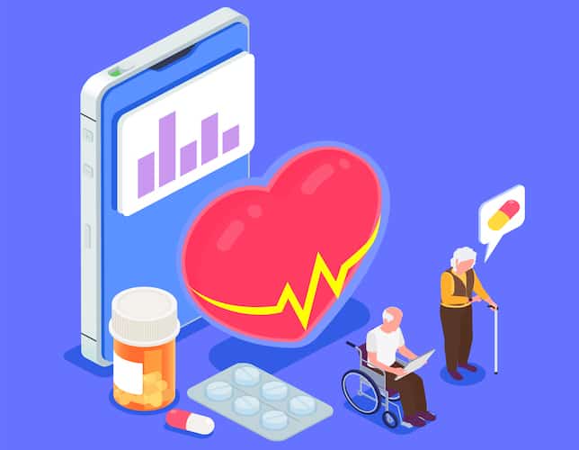 Isometric color composition with elderly people and mobile app for health monitoring vector illustration