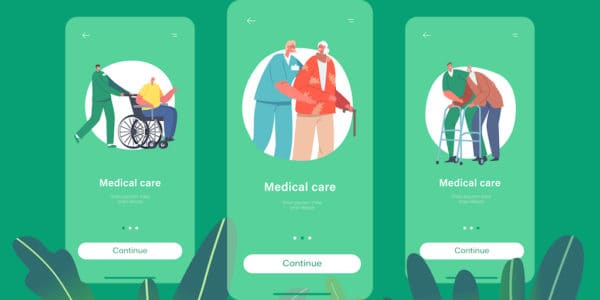 Medical Care Mobile App Page Onboard Screen Template. Volunteers Characters Help to Seniors, Push Wheelchair, Walk Together with Old Helpless People Concept. Cartoon People Vector Illustration