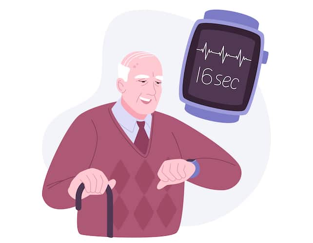 Smartwatch ECG Tracking Feature isolated cartoon vector illustrations. Man tracking ECG with smartwatch, healthcare innovation, mobile technology, medical rate on display vector cartoon.