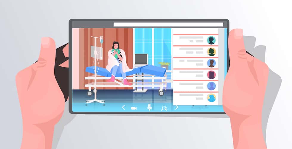 human hands using tablet with sick woman patient on screen covid-19 pandemic concept hospital ward interior full length horizontal vector illustration