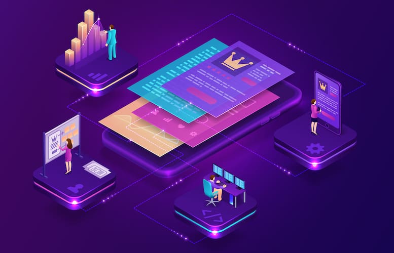 Application development life cycle banner. Process stages of project management. Vector infographic of software development lifecycle with isometric illustration of smartphone and working people