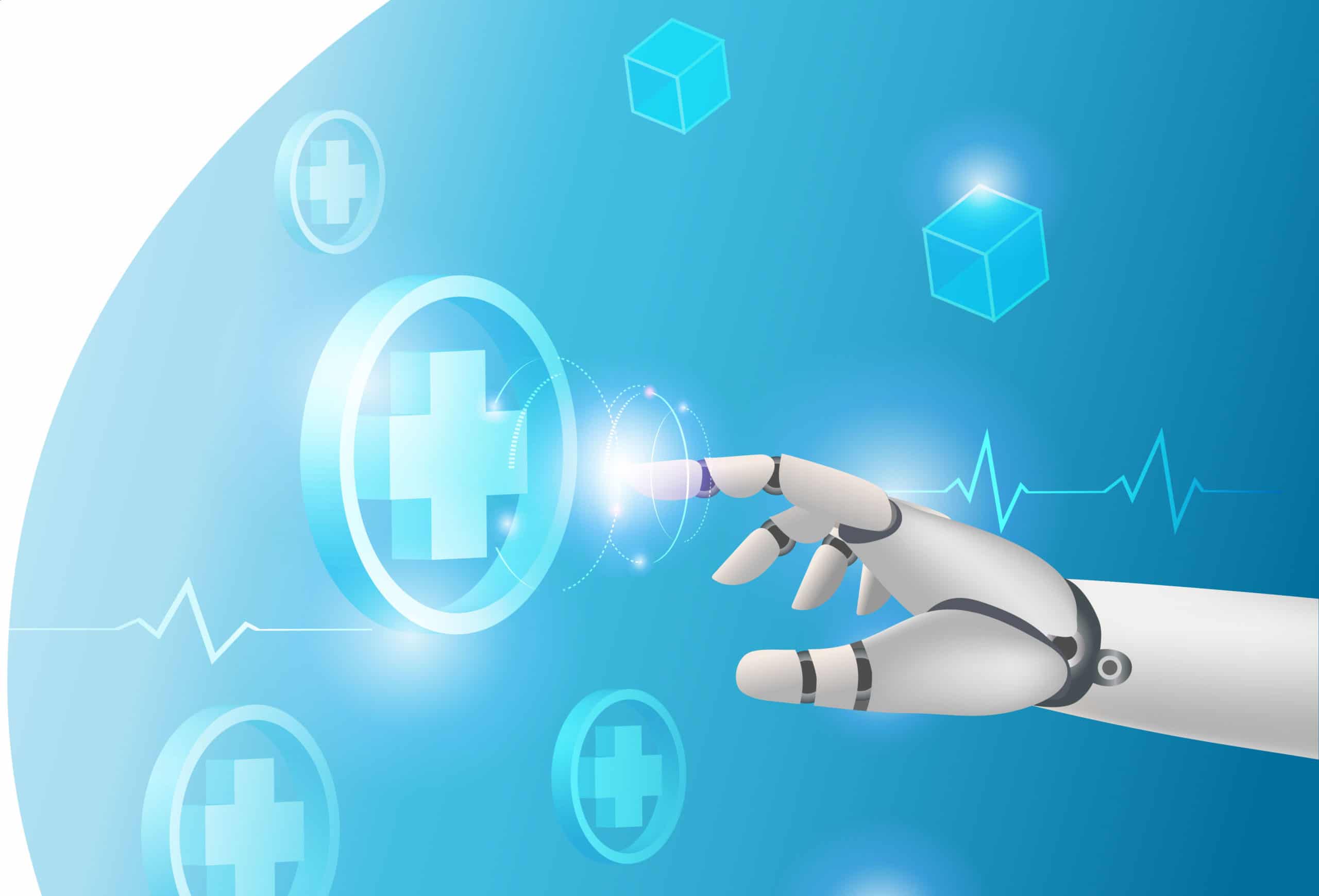 Medical robotics technology. Robot hand touching medical network connecting icon. Artificial intelligence robot assist doctor on surgery and operation in hospital.
