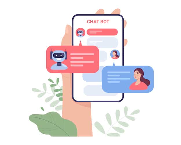Hand holding phone with conversation of girl and chat bot. Mobile app for talking to robot online flat vector illustration. Technology, assistance concept for banner, website design or landing page