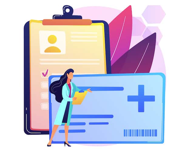 Healthcare smart card abstract concept vector illustration. Manage patient identity, practitioners and pharmacists secure, access to the medical records, improved communication abstract metaphor.