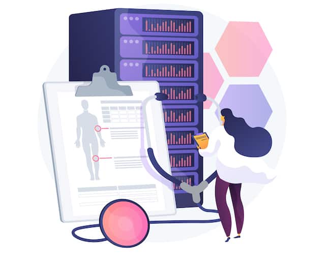 Big data in healthcare abstract concept vector illustration. Personalized medicine, patient care, predictive analytics, electronic health records, pharmaceutical research abstract metaphor.