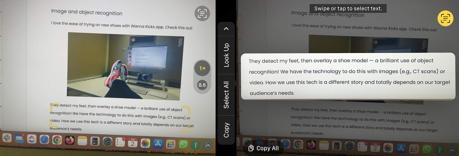 text recognition in AI app iphone camera