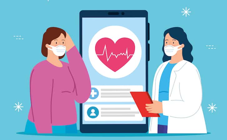 telemedicine technology with doctor female and woman sick vector illustration design