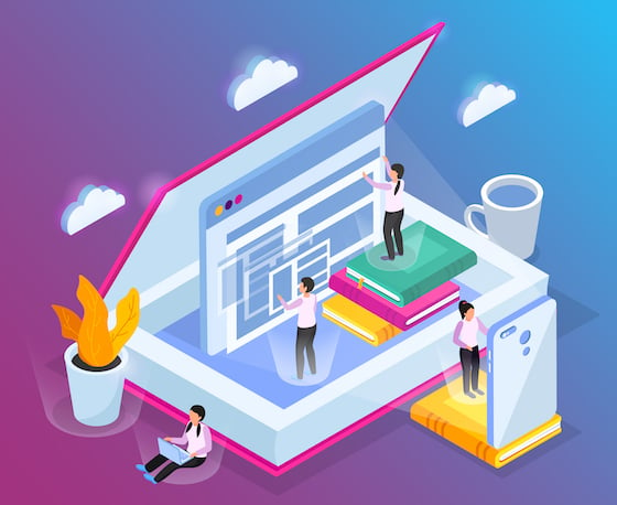 elearning apps metaphor - Online library isometric composition with conceptual images of opened book computer windows and small people characters vector illustration