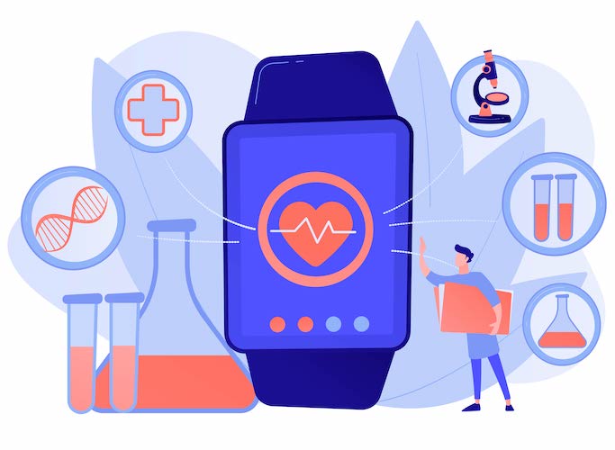 Doctor and smartwatch with heart and medical icons. Smartwatch health tracker and health monitor, activity tracking concept on white background. Pinkish coral bluevector isolated illustration