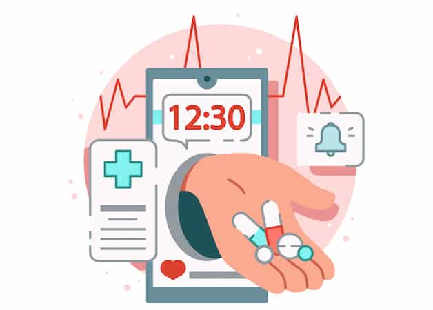 Online medicine flat composition with image of smartphone with reminder app for taking pills vector illustration