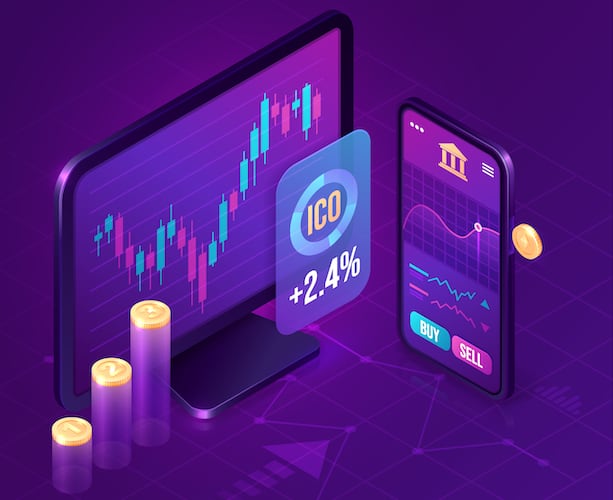 Cryptocurrency exchange market isometric landing page. digital money mining, computer and smartphone screen with trading chart. Blockchain technology business solution 3d vector ultraviolet web banner