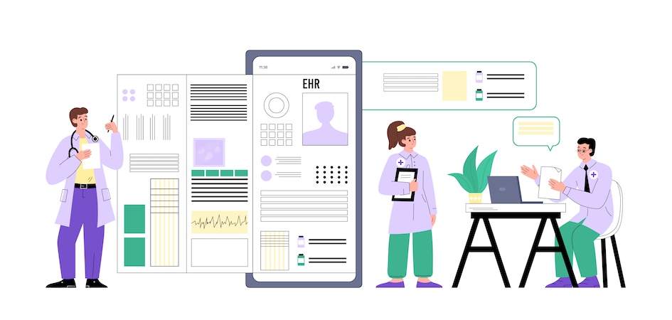 EHR electronic health records advanced technology banner with doctors, flat vector illustration isolated on white background. Doctor use application for health data.