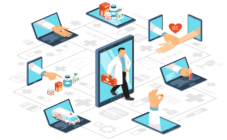 telemedicine concept: Online medical specialist consultations virtual doctor visit from home office on phone isometric background composition vector illustration