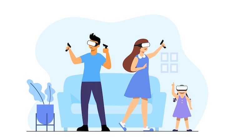 Man and woman using augmented reality technology, virtual reality headset in use. They Wearing Vr Goggles Modern Technology. They enjoyment play in online gaming at home with virtual reality headset