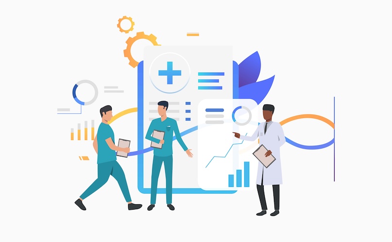 Doctor and technicians discussing medical record vector illustration. Medical center, clinic, medical research. Healthcare concept. Creative design for layouts, web pages, banners