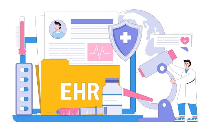 EHR - Electronic Health Record, Electronically-Stored Patient health information concept with doctor character. Outline design style minimal vector illustration for landing page, hero images.