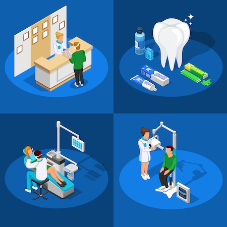 dental practice automation - Isometric dentist design concept with compositions of dental care procedures and equipment images with human characters vector illustration