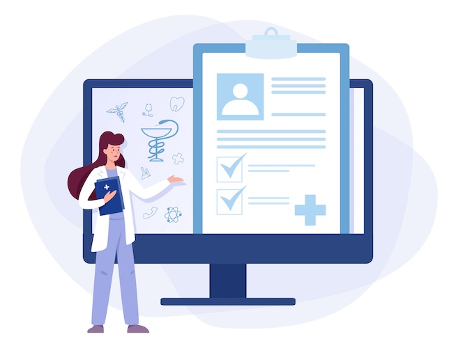 Online consultation with doctor concept. Remote medical treatment. Idea of digital technology and smart medicine. Diagnostic through device. Isolated flat illustration