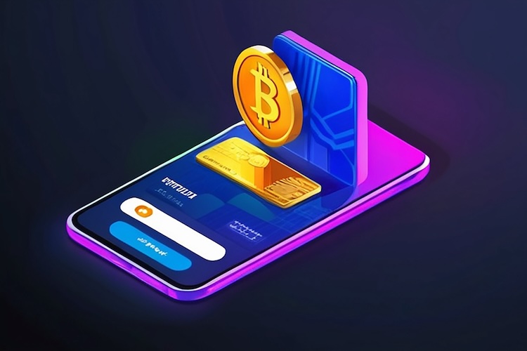 Crypto credit card with bitcoin, mobile and candlestick. Isolated