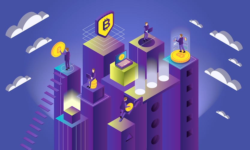 Isometric cryptocurrency concept with bitcoin icons and people do mining 3d vector illustration