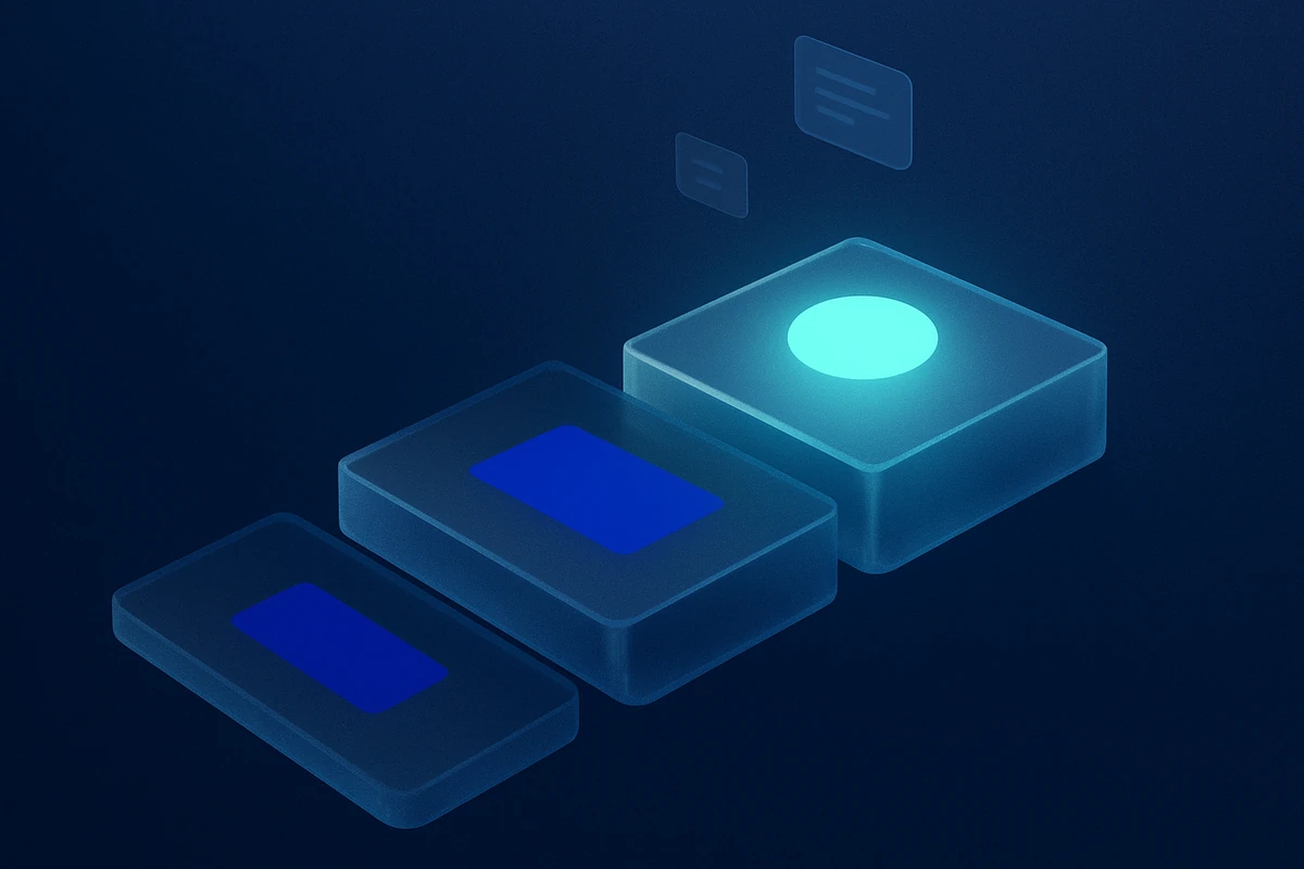 Abstract navy and mint illustration of rising translucent platforms, representing the advantages of computer vision in healthcare