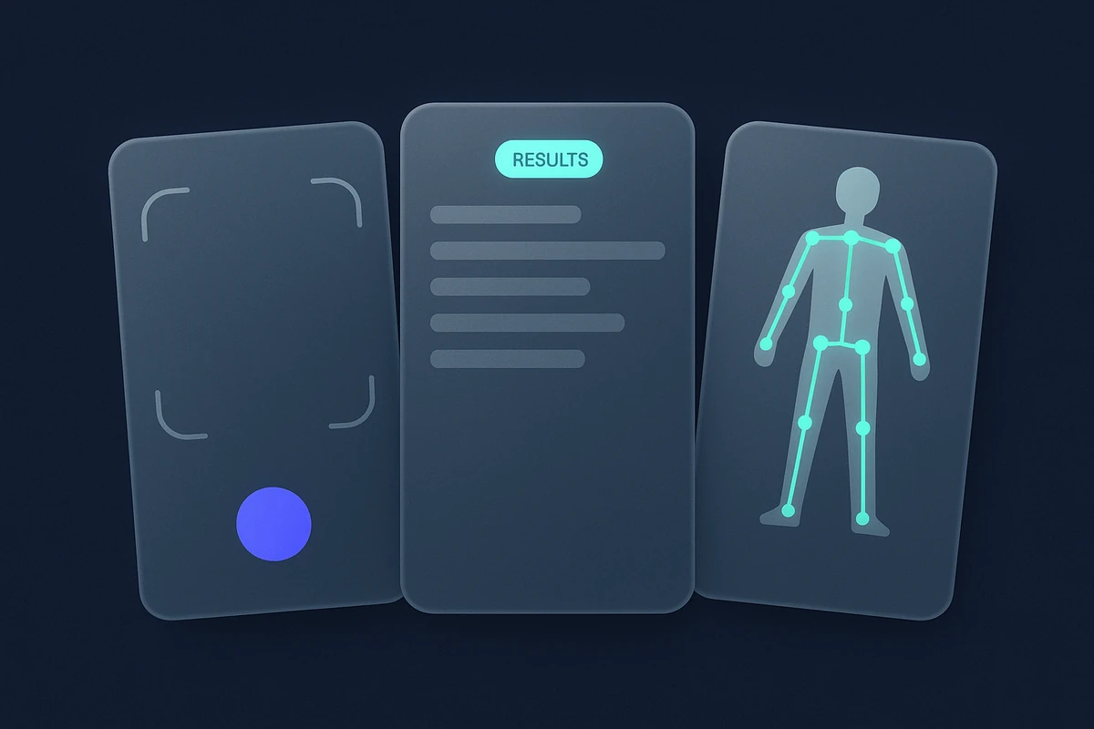 Three mobile app interface cards showing camera capture, a risk result and a skeletal movement overlay, the computer vision healthcare use cases patients run on their own phones