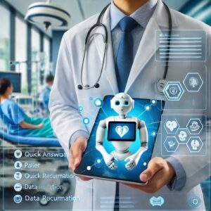 medical professional using a tablet with a chatbot