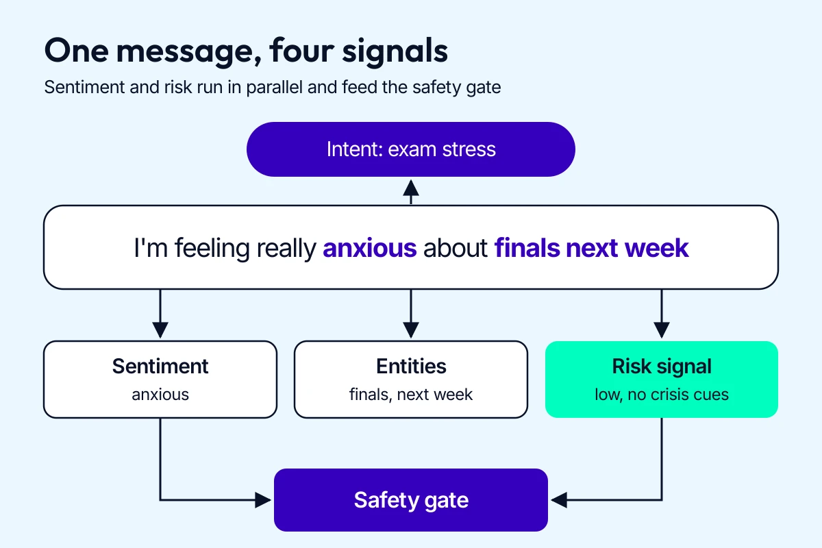 NLU extracting intent, entities, sentiment and risk signals from one user message, with sentiment and risk feeding the safety gate