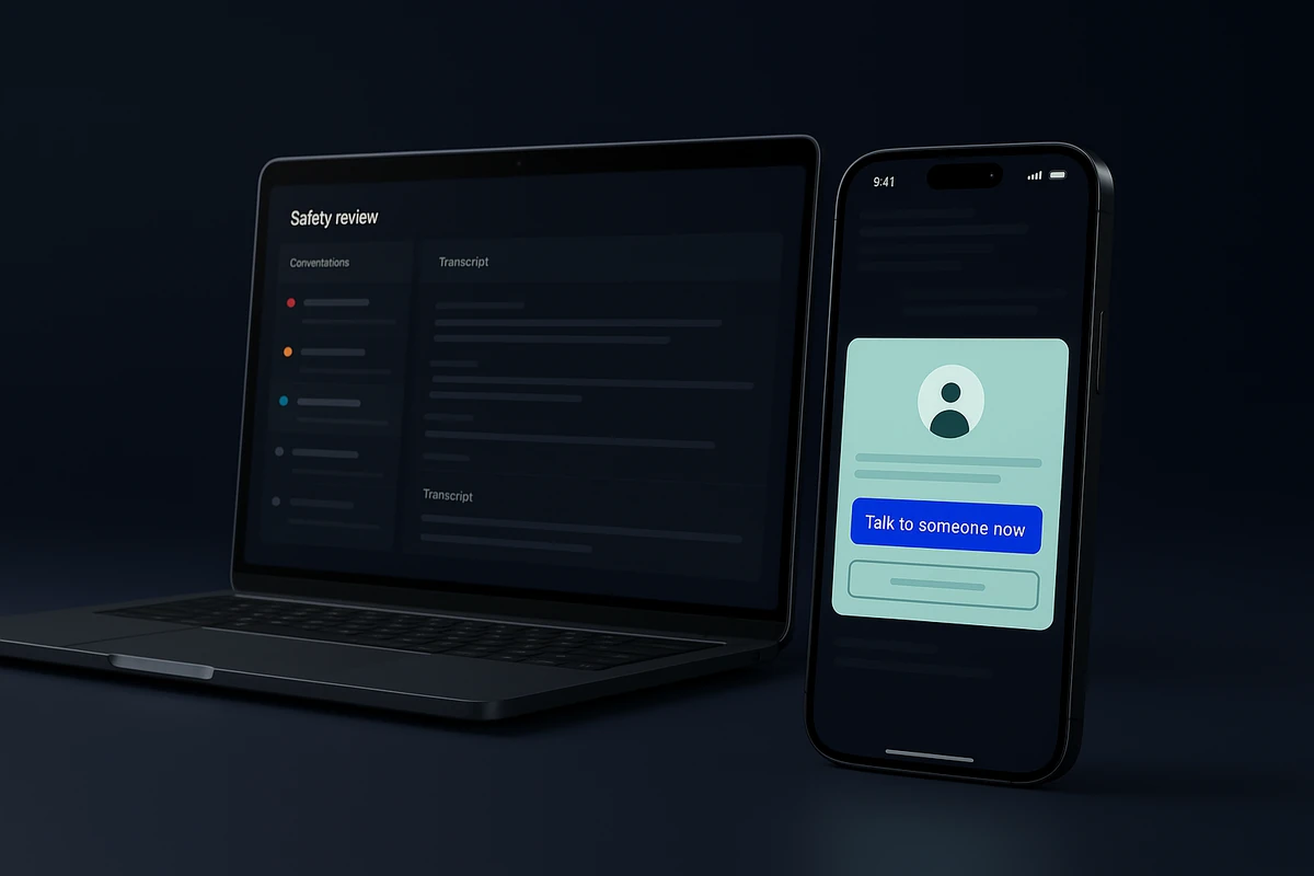 Safe mental health chatbot features: a crisis handoff card on the phone and a clinician safety review dashboard on the laptop