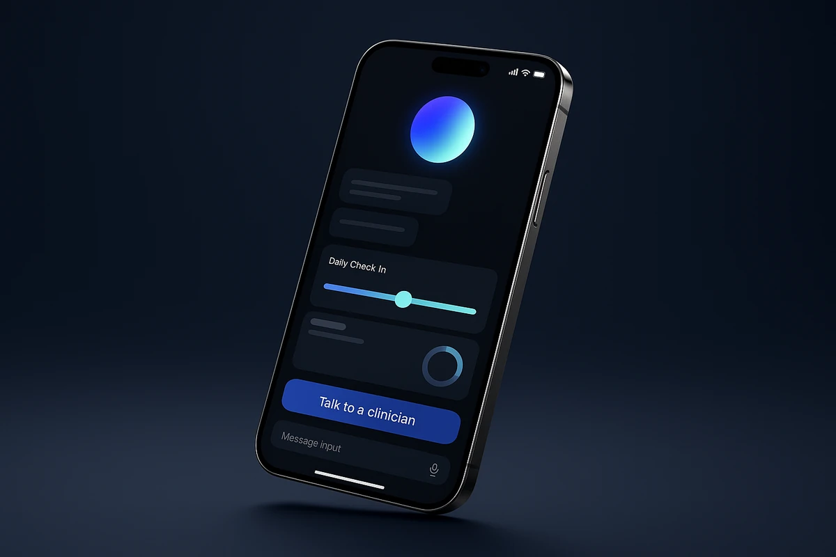Mental health chatbot app on a smartphone with a mood check-in, a breathing exercise and a Talk to a clinician button