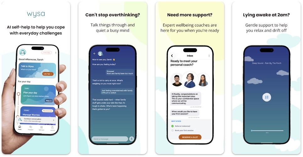 Wysa mental health chatbot app screenshots: AI self-help chat, coaching and sleep support