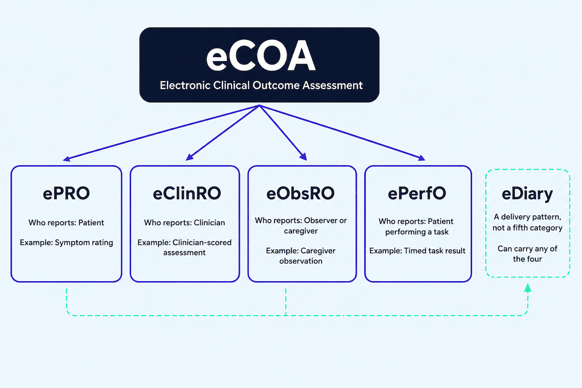 eCOA app development taxonomy diagram showing ePRO, eClinRO, eObsRO and ePerfO under the eCOA umbrella with who reports each
