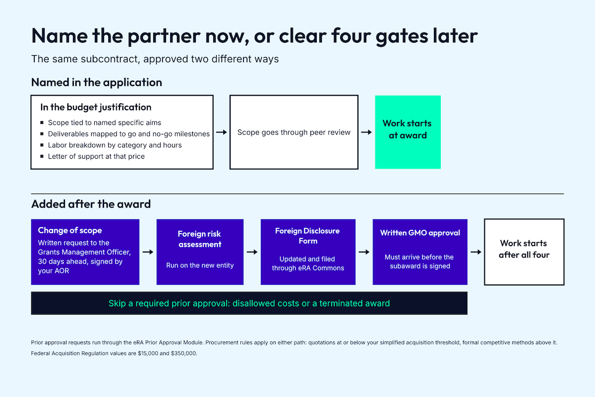 Two-path diagram comparing naming a development partner in the SBIR application, where the scope goes through peer review and work starts at award, against adding one after the award, which requires a change of scope request, foreign risk assessment, updated Foreign Disclosure Form and written GMO approval