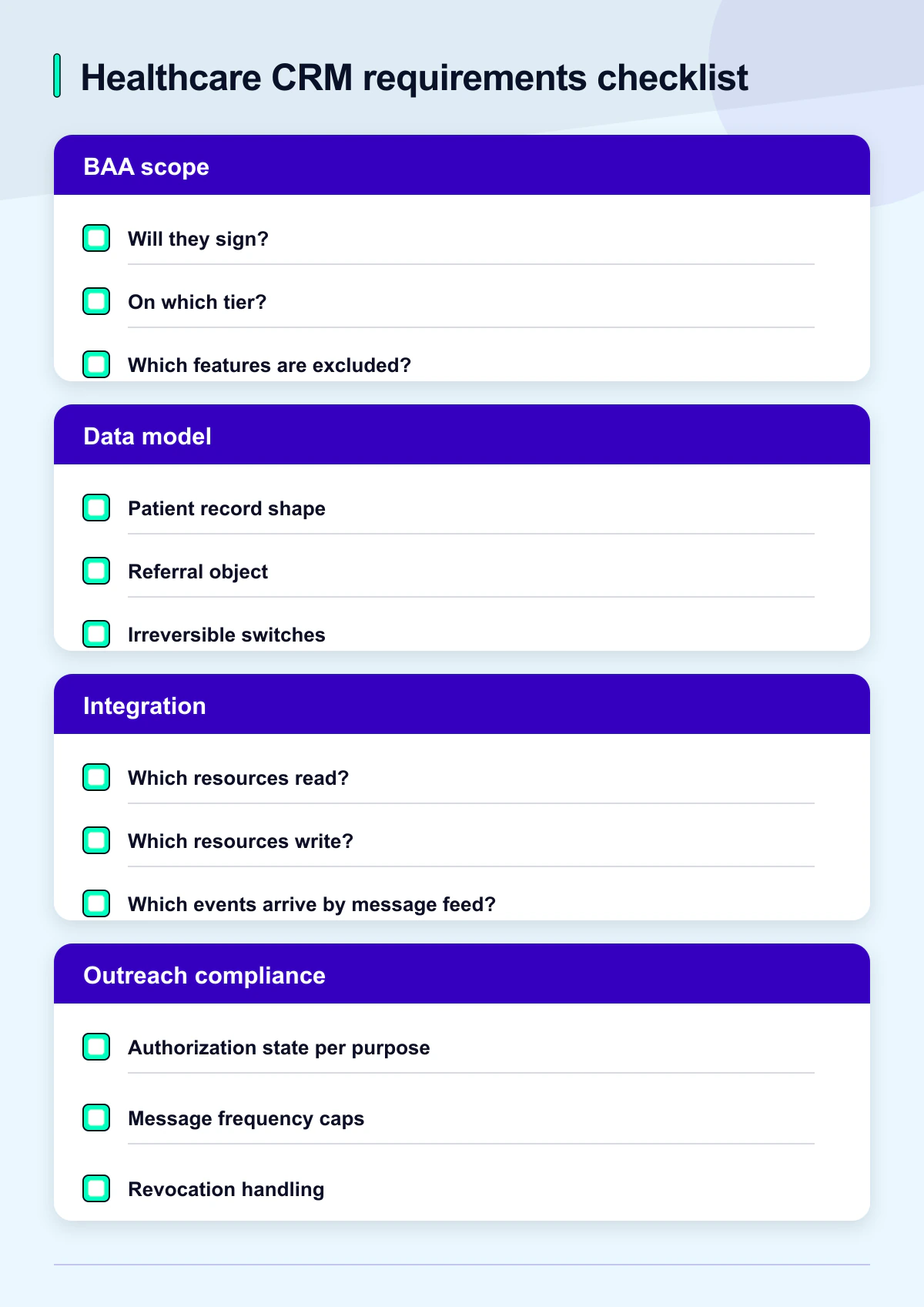 Downloadable requirements checklist for evaluating a custom healthcare CRM against configured and healthcare-native alternatives